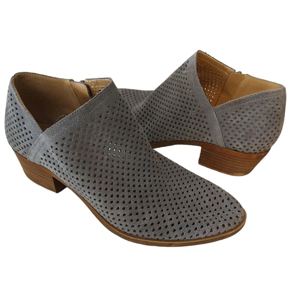Lucky Brand Baylah Gray Suede Perforated Booties Side Zipper Low Block Heel - Picture 1 of 11